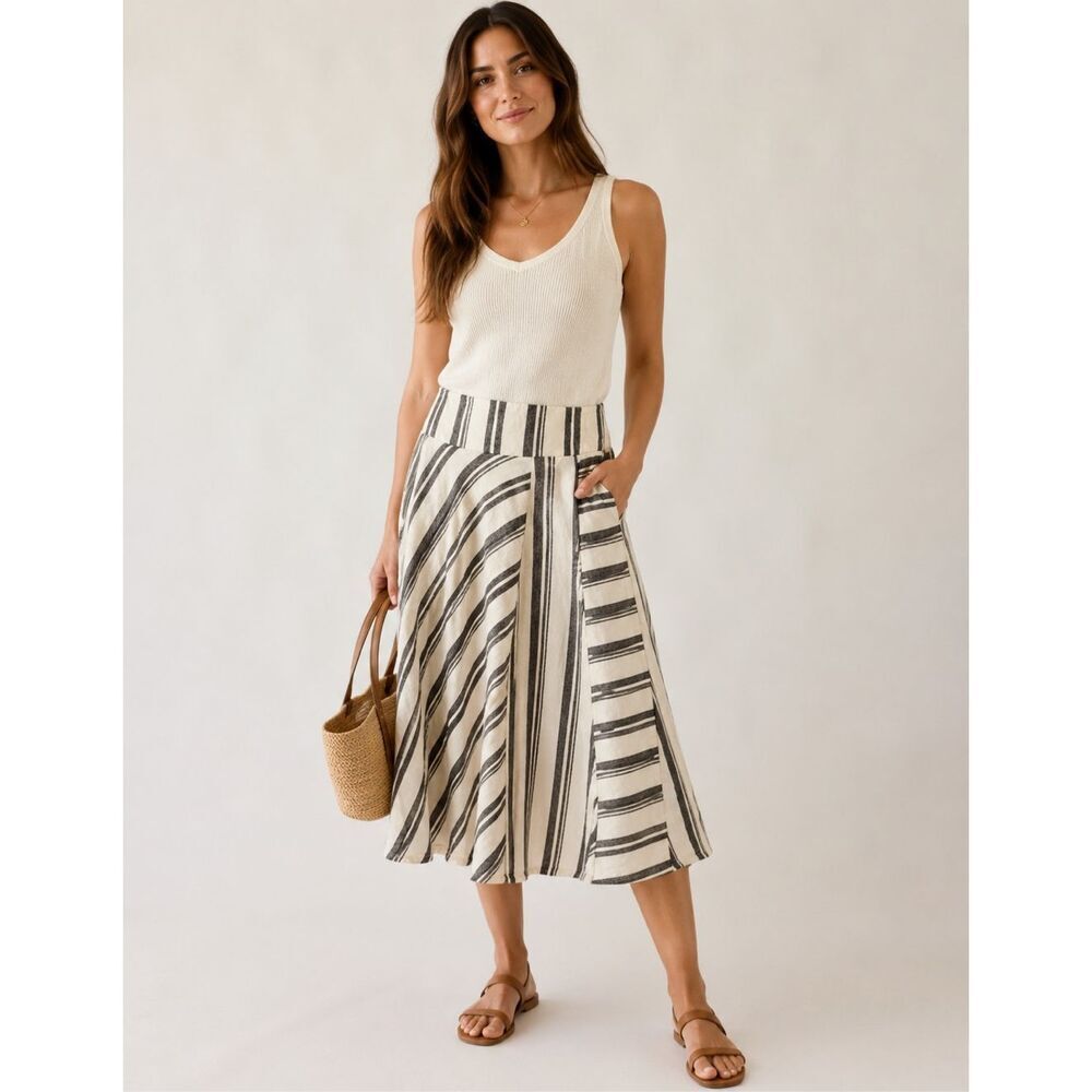 GAP 100% Linen Striped A-Line Midi Skirt Cream Brown Size 4R